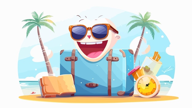 Vector cool tooth emoji with sunglasses and suitcase