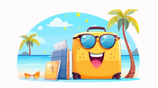 Vector cool tooth emoji with sunglasses and suitcase