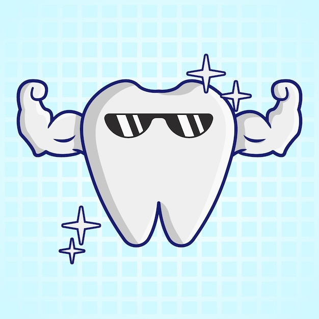 Cool tooth with muscle strong man glasses cartoon vector illustration logo design character mascot