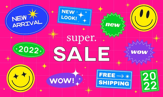 Cool Trendy Sale Stickers Banner Vector Illustration. New Arrival, Wow, Super Sale, 2022 Badges. Comic Artwork.