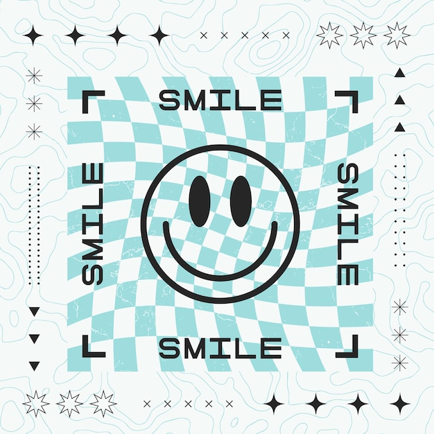 Cool Trendy Smile Abstract Artwork Print Vector Design. Happy Acid Poster.