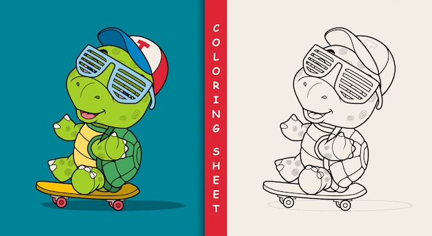 Cool turtle playing skateboard. Coloring sheet.