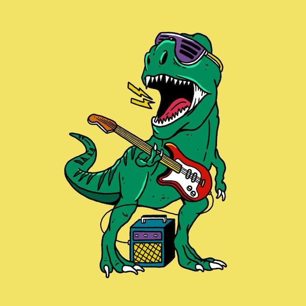 Cool tyrannosaurus playing guitar with sunglasses and guitar amplifier vector illustration