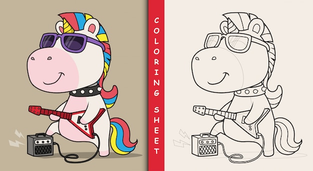 Cool unicorn playing guitar. Coloring sheet.