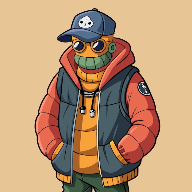 Vector cool urbanchic streetwear fashionable anthropomorphic man in puffer jacket cartoon illustration