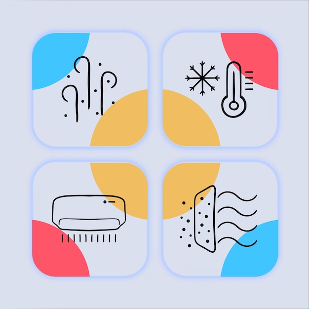 Cooling in hot weather icon set Refreshing breeze ice cubes fans sunglasses Cold beverages concept Neomorphism style Vector line icon for Business