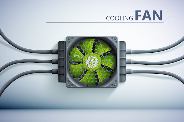 Cooling system illustration with realistic green plastic cooler grid on wall and wires