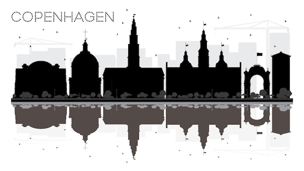 Copenhagen City skyline black and white silhouette with reflections. Vector illustration. Simple flat concept for tourism presentation, banner, placard or web site. Cityscape with landmarks.