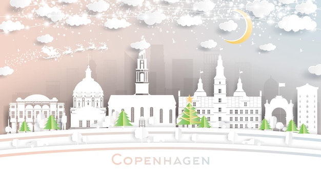 Copenhagen Denmark City Skyline in Paper Cut Style with Snowflakes Moon and Neon Garland