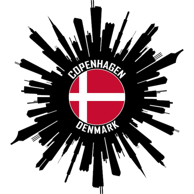 Copenhagen Skyline Silhouette Denmark Flag Travel Souvenir Sticker Vector Illustration