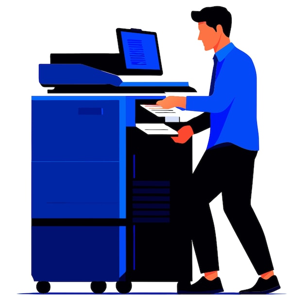 Vector copier technician repairing copier technical service vector illustration