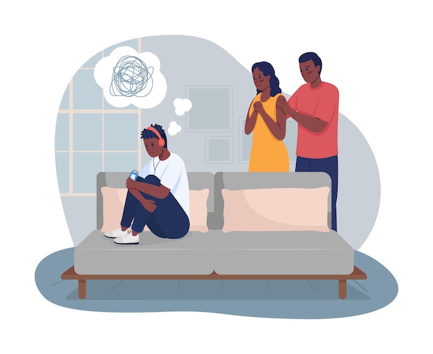 Coping with depressed teenager 2D vector isolated illustration. Worried parents looking at grumpy son flat characters on cartoon background. Adolescent mental wellbeing colourful scene