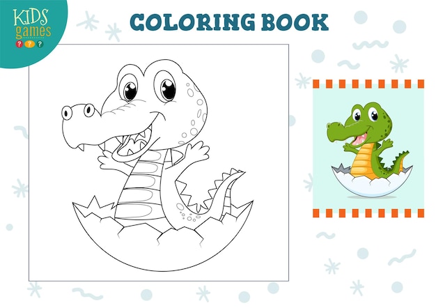 Copy and color picture, exercise. Funny cartoon little crocodile for drawing and coloring game for preschool kids