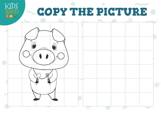 Copy picture by grid   illustration Educational mini game puzzle for preschool kids Cartoon outline little hungry pig  for drawing exercise