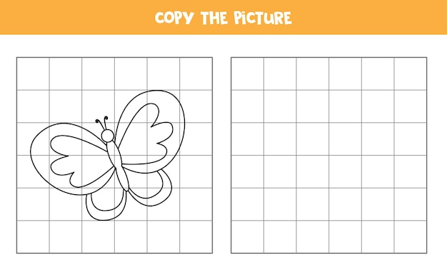 Copy the picture of cartoon butterfly. Educational game for kids. Handwriting practice.