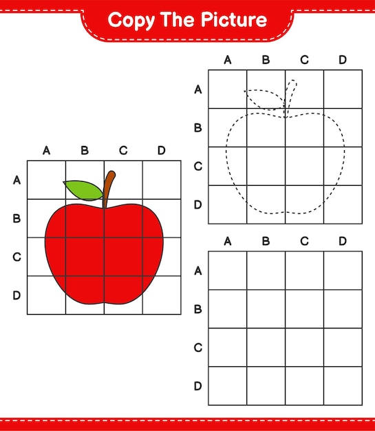 Copy the picture, copy the picture of apple fruit using grid lines. Educational children game, printable worksheet 