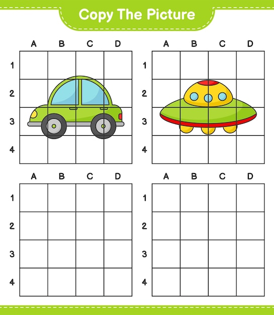 Copy the picture copy the picture of Car and Ufo using grid lines Educational children game printable worksheet vector illustration