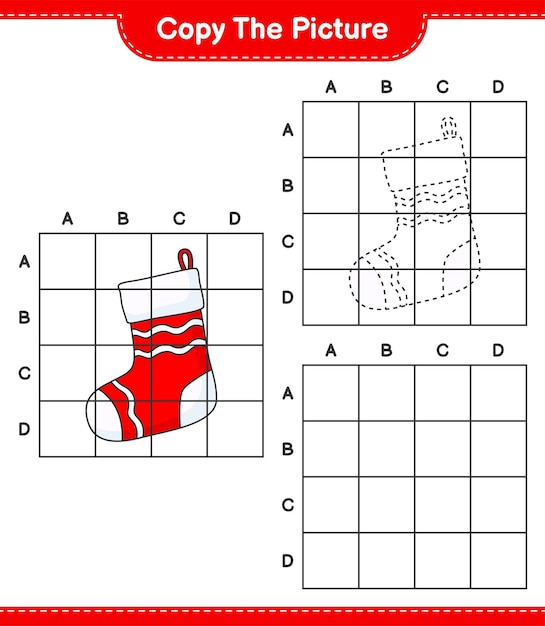 Copy the picture, copy the picture of Christmas Sock using grid lines. Educational children game, printable worksheet, vector illustration