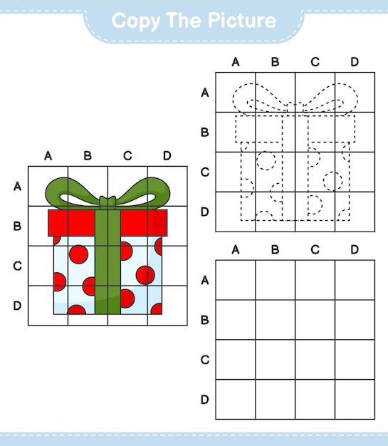 Copy the picture, copy the picture of Gift Box using grid lines. Educational children game, printable worksheet, vector illustration