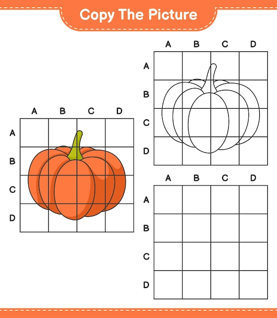 Copy the picture copy the picture of Pumpkin using grid lines Educational children game printable worksheet vector illustration