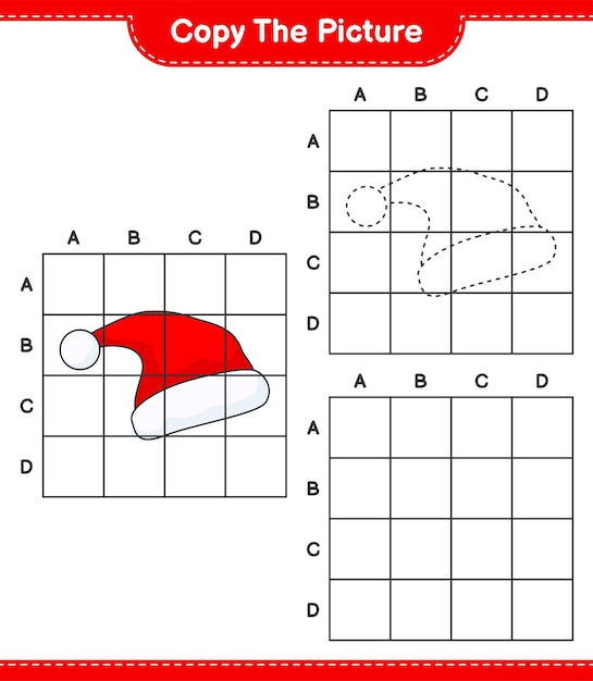 Copy the picture, copy the picture of Santa Hat using grid lines. Educational children game, printable worksheet, vector illustration