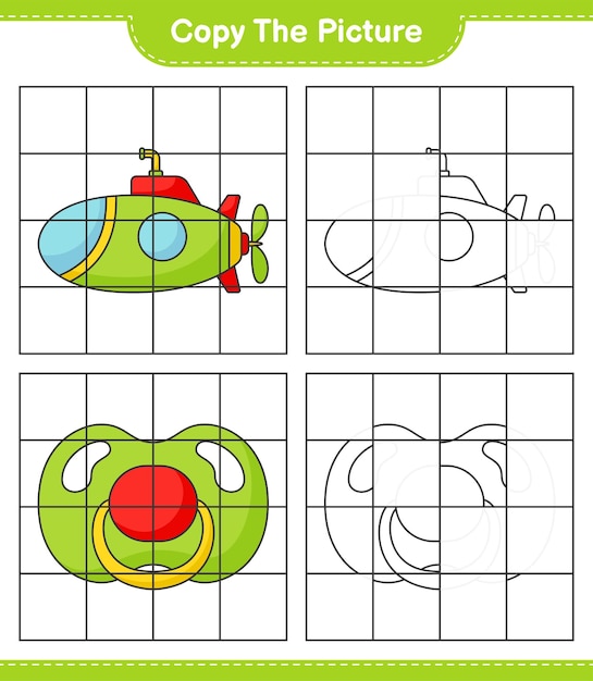 Copy the picture copy the picture of Submarine and Pacifier using grid lines Educational children game printable worksheet vector illustration