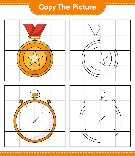 Copy the picture, copy the picture of Trophy and Stopwatch using grid lines. Educational children game, printable worksheet, vector illustration