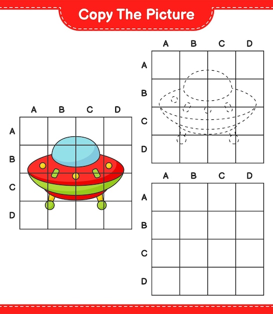 Copy the picture copy the picture of Ufo using grid lines Educational children game printable worksheet vector illustration