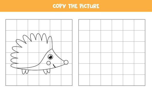 Copy the picture of cute hedgehog. Educational game for kids. Handwriting practice.