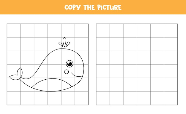 Copy the picture of cute whale. Educational game for kids. Handwriting practice.