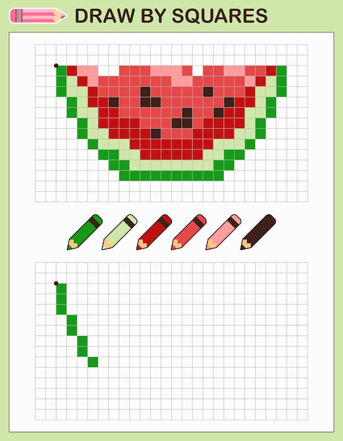 Copy the picture, draw by squares. Game for children draw watermelon by cells with color palette.