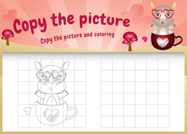 Copy the picture kids game and coloring page with a cute rhinos using valentine costume