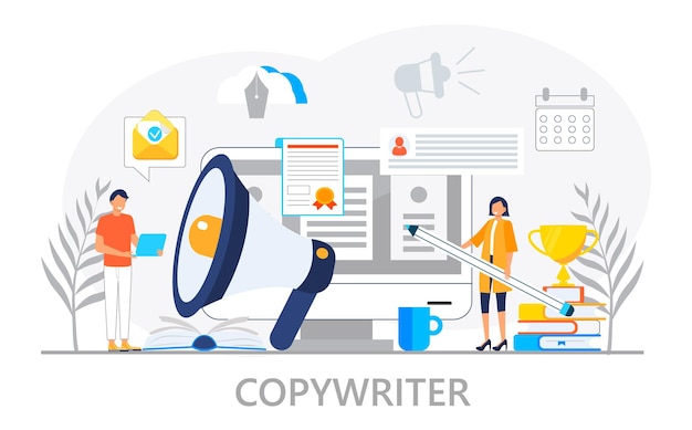 Copywriter concept vector for landing page Freelance workers are busy with email marketing analysis Content manager