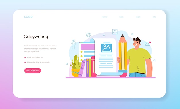 Copywriter web banner or landing page. Writing texts and layout designing for business promotion or press release. Finding information and making valuable content. Vector flat illustration