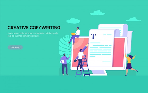 Copywriting  illustration concept, happy man and woman typing article on laptop can be use for, landing page, template, ui, web, mobile app, poster, banner, flyer