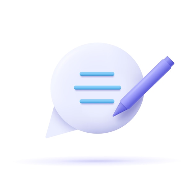 Copywriting, writing icon. Document concept. Speech bubble, text and pencil. 3d vector illustration.