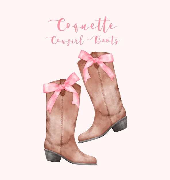 Coquette Cowgirl Boots with Pink ribbon Bow Watercolor Aesthetic Hand Painted Illustration