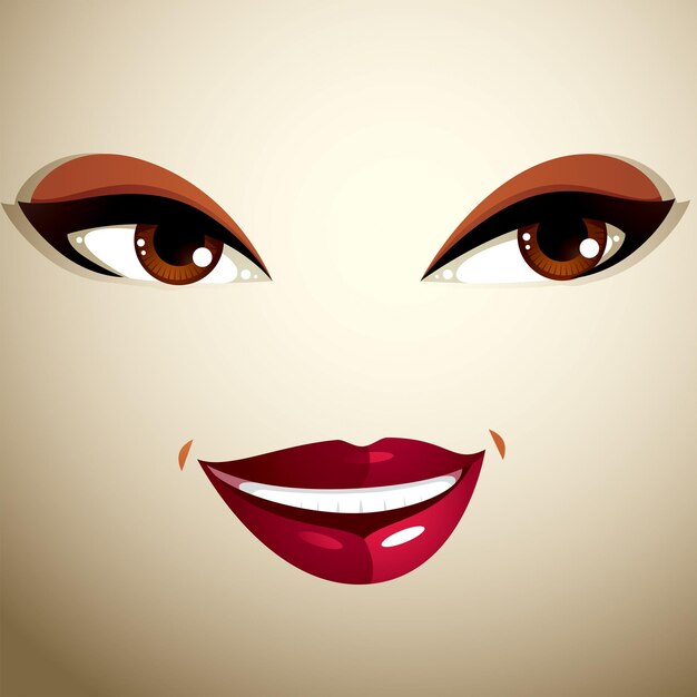 Coquette glad smiling woman eyes and lips, stylish makeup. People positive facial emotions, happiness.