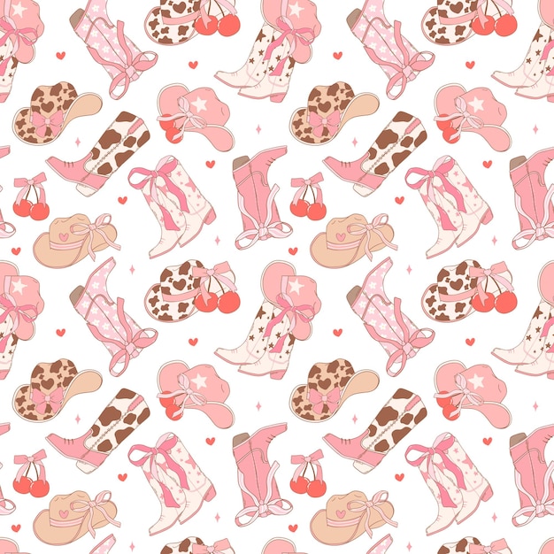 Coquette Pink cowgirl Boots and hat pattern seamless Girly Western Digital Paper isolated background