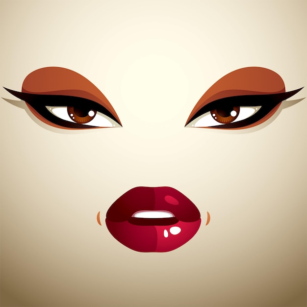 Coquette woman eyes and lips, stylish makeup. People negative facial emotions, anger.