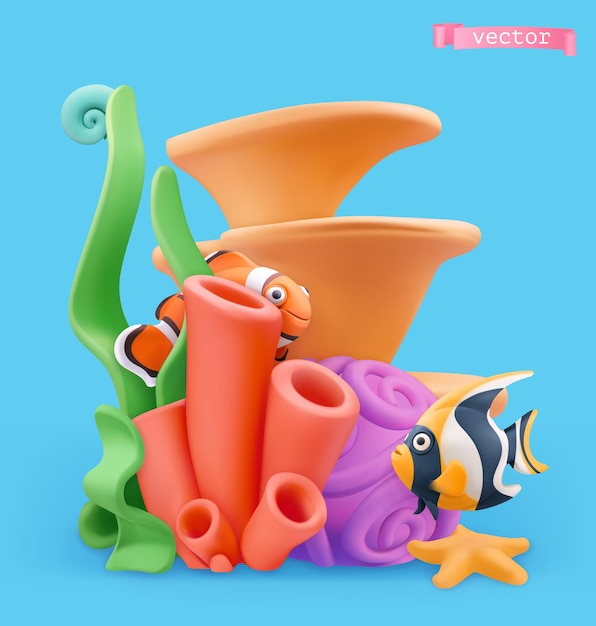 Coral reef and fish 3d illustration