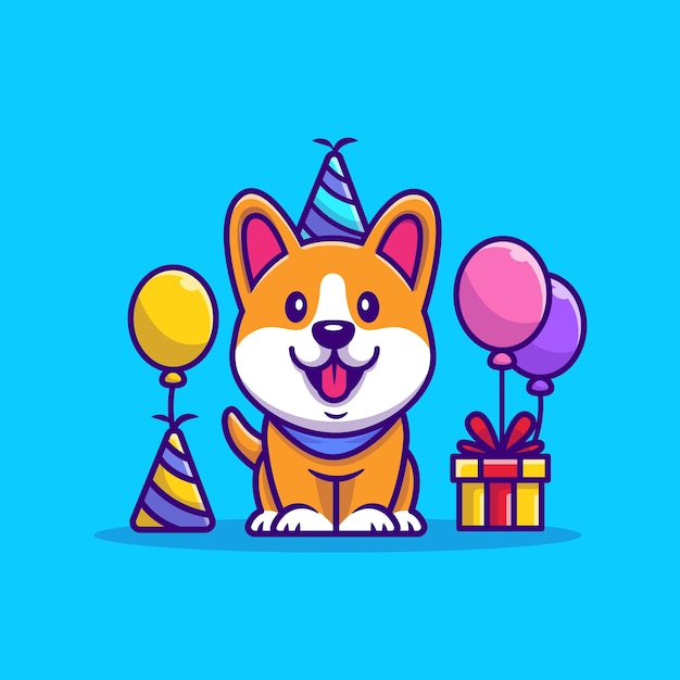 Corgi Birthday Cartoon Illustration. Animal Party Icon Concept