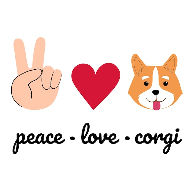 Corgi head with sign of peace and heart Vector illustration with cheerful dog smiling with tongue out Perfect for poster notebook decoration of a children's room or pet store