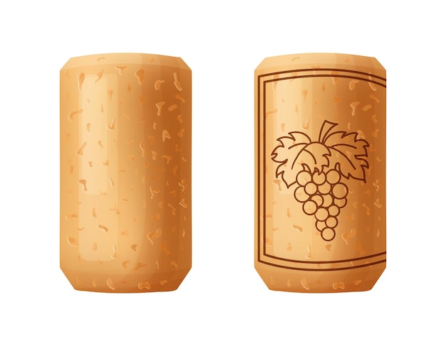 Cork stopper wooden taps Wine bung in cartoon Corkwood plug with grape bunch Vector illustration