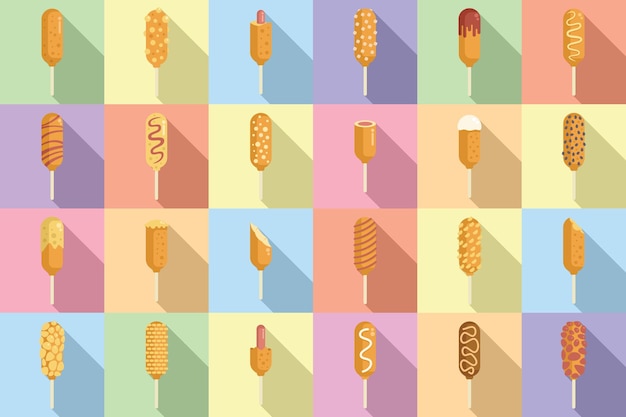 Corn dog icons set flat vector Fast food Cuisine dinner