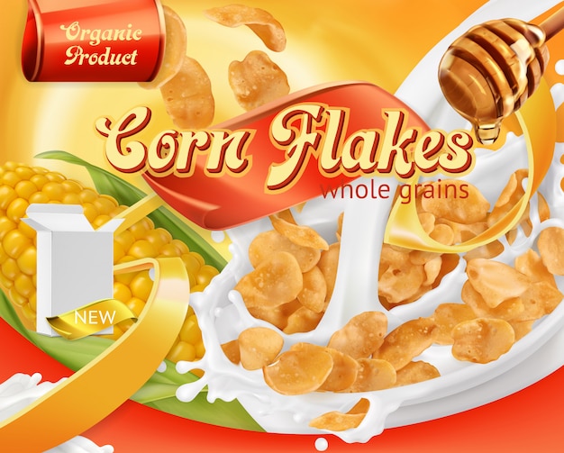 Corn flakes, honey and milk splashes. 3d realistic vector, package design