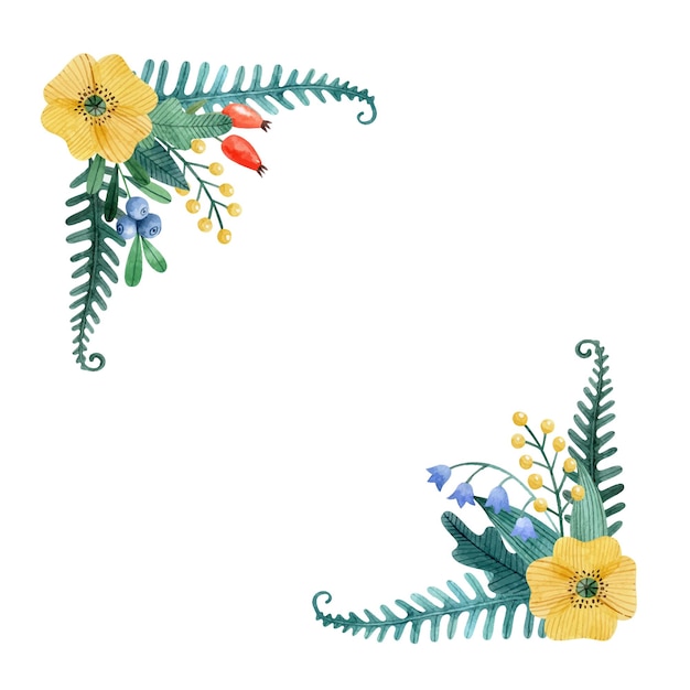 Corner floral bouquets with yellow poppy leaves dogrose berries fern Watercolor vector clipart