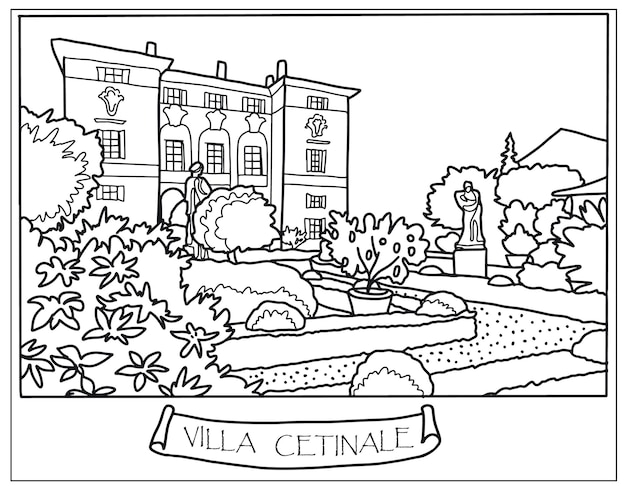 Corner of the Italian park plants flowers in the garden coloring book Vector art line background