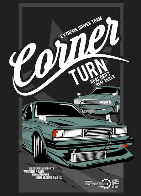 Corner turn, classic custom engine car illustration