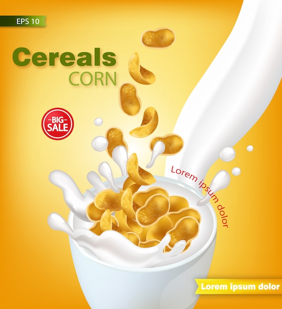 Cornflakes cereals with milk splash mockup